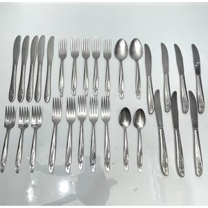 May include: A collection of stainless steel flatware including knives, forks, and spoons. Each piece features a polished finish and a decorative floral motif embossed on the handle. The set is arranged in rows, showcasing various sizes of dinner and salad utensils.