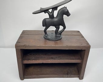 Antique Cast Iron Prancing Horse Shoeshine Stand Foot Rest On Wooden Shelf Case