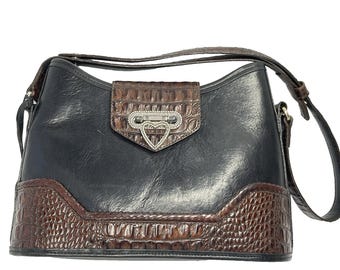 Vintage Brighton Black Leather Brown Croc Embossed Bucket Shoulder Bag Purse