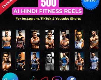May include: A promotional graphic with the text "500 AI HINDI FITNESS REELS" and "For Instagram, TikTok & YouTube Shorts." The image features multiple smartphone mockups displaying muscular men. Social media icons and the Canva logo are also present.