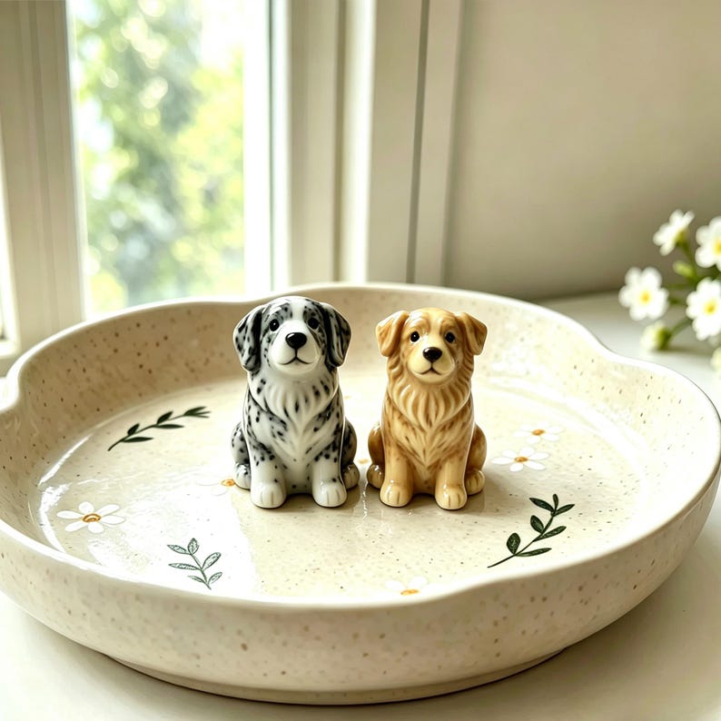 May include: Two ceramic dog figurines, one black and white spotted, the other golden, sit side-by-side on a decorative, off-white dish. The dish features a floral design with daisies and green leaves. The dogs are detailed and lifelike.