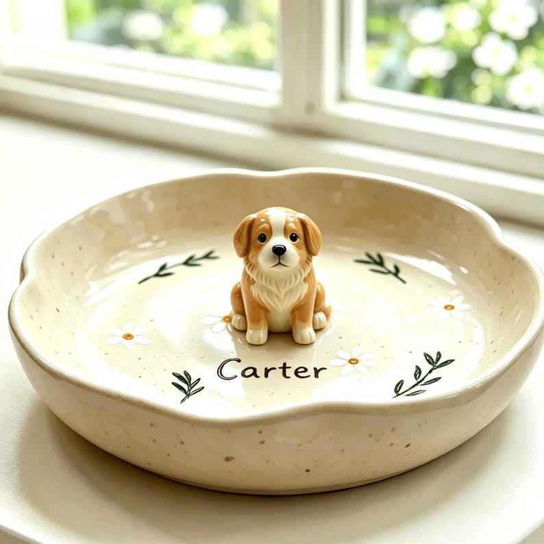 May include: A beige ceramic pet bowl with a scalloped edge, featuring a small, detailed dog figurine in the center. The bowl is decorated with white daisies and green leaves. The name "Carter" is printed on the bowl.