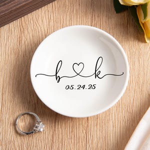 Personalized Ring Holder Dish, Engaged Initials Round & Date, Engagement/Wedding Jewelry Tray, Gift for Couples, Bridal Shower, Anniversary