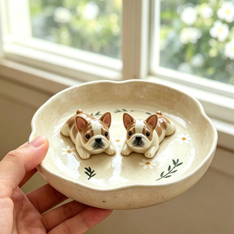 May include: A ceramic dish with a scalloped edge, featuring two brown and white French bulldog figurines. The dish has a cream-colored base with daisy and leaf accents, perfect for a pet owner.
