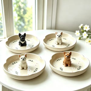 May include: Four ceramic dishes with scalloped edges, each featuring a different colored French Bulldog figurine. The dishes are beige with a floral and leaf pattern. One dog is black, one is white, and one is brown.
