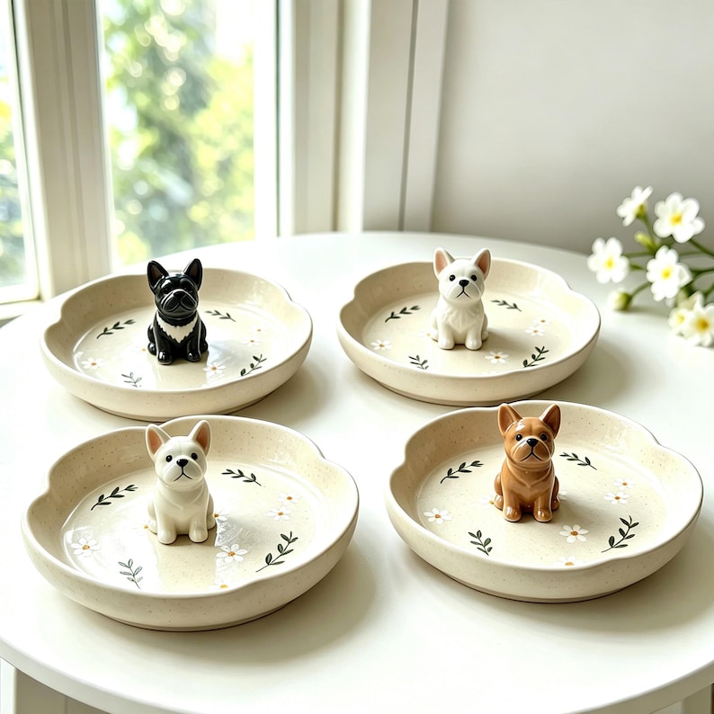 May include: Four ceramic dishes with scalloped edges, each featuring a different colored French Bulldog figurine. The dishes are beige with a floral and leaf pattern. One dog is black, one is white, and one is brown.