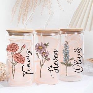 Personalized Birth Flower Tumbler With Name,Mother&#39;s Day Gifts for Her,Birth Flower Glass Coffee Cup,Bridesmaid Proposal,Iced Coffee Cup