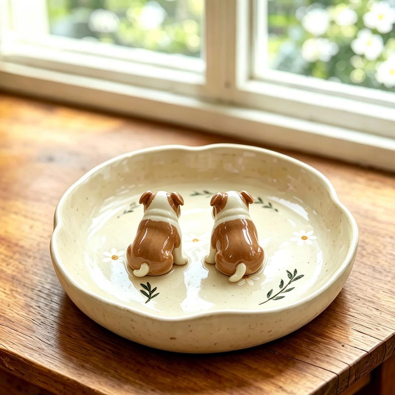 May include: A ceramic pet bowl with a cream-colored base, featuring two brown and white bulldog figurines. The bowl has a scalloped edge and is decorated with small white daisy and green leaf designs. The bowl is sitting on a wooden surface.