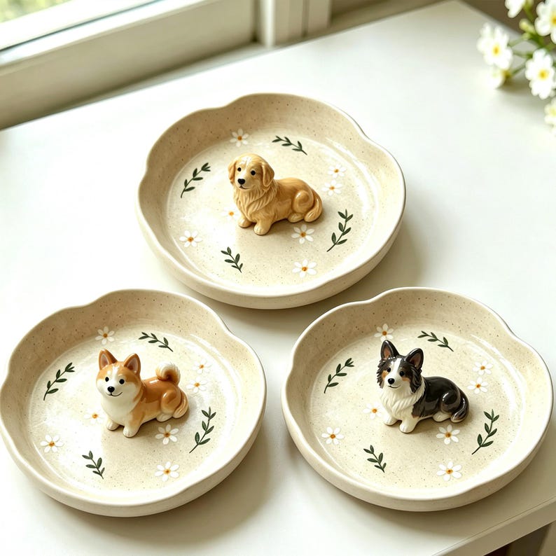 May include: Three beige ceramic dishes with scalloped edges, each featuring a different dog figurine: a golden retriever, a Shiba Inu, and a black and white corgi. The dishes are decorated with white daisies and green sprigs.