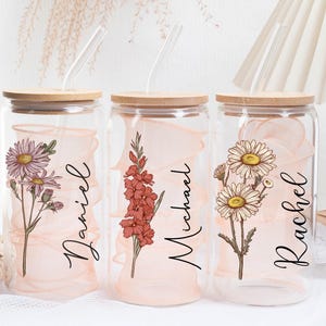 Personalized Birth Flower Glass Cup,Birth Flower Tumbler With Name,Birthday Gift for Her,Mother&#39;s Day Gifts for Her,Bridesmaid Proposal Gift