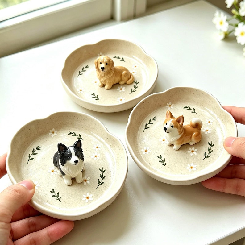 May include: Three ceramic dog-themed dishes. Each dish is beige with a scalloped edge and decorated with white flowers and green leaves. Each dish features a different dog breed figurine: a golden retriever, a corgi, and a border collie.