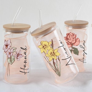 Custom Birth Flower Tumbler With Name,Birth Flower Glass Cup,Iced Coffee Cups,Bridesmaid Gifts,Mother&#39;s Day Gifts,Bridesmaid Proposal Gift