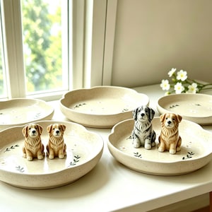 May include: A collection of off-white ceramic plates with a scalloped edge, each adorned with small floral and leaf designs. The plates feature miniature dog figurines, including golden retrievers and a dalmatian.