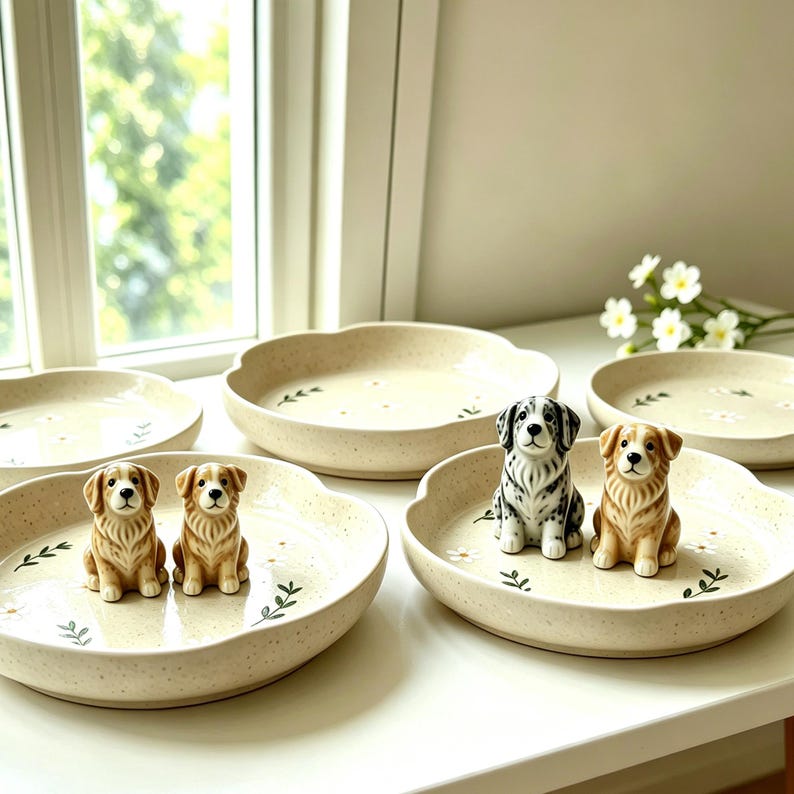 May include: A collection of off-white ceramic plates with a scalloped edge, each adorned with small floral and leaf designs. The plates feature miniature dog figurines, including golden retrievers and a dalmatian.
