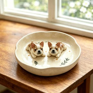 May include: A cream-colored ceramic bowl with a scalloped edge, featuring two miniature French bulldog figurines. The bowl is decorated with small white daisies and green leaves. The dogs are brown and white.