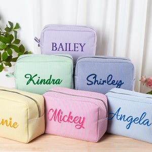 Embroidered Name Seersucker Makeup Bag,Personalized Makeup Bag,Monogrammed Makeup Bag,Bridesmaid Pouch,Canvas Toiletry Bag,Bridesmaid Gift