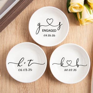 Engagement Ring Dish Jewelry Holder - Personalized Heart Initials Date Trinket Dish, Wedding Gift for Bride Groom, Anniversary/Bridal Shower