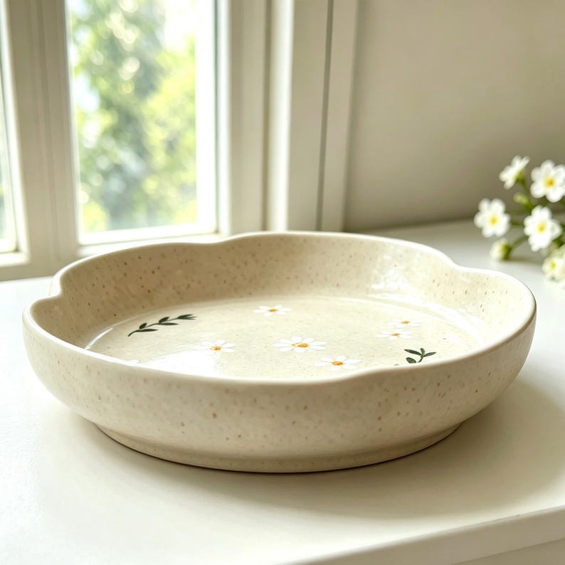 May include: A beige ceramic serving dish with a scalloped edge. The dish is decorated with small white daisies and green leaves. The dish has a speckled texture and is sitting on a white surface.