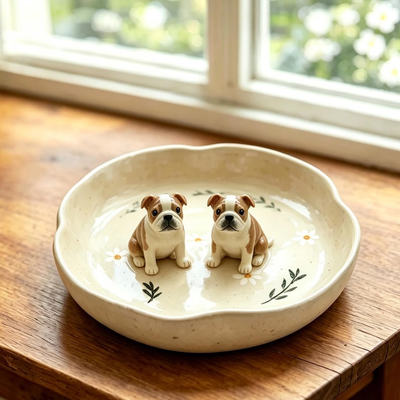 May include: A cream-colored ceramic dish with a scalloped edge, decorated with small white daisies and green leaves. Two small bulldog figurines with brown and white markings sit inside the dish.