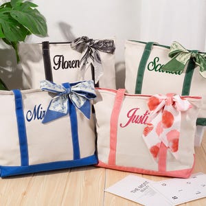 Sac fourre-tout personnalisé, sac avec rubans gratuits, sac fourre-tout en toile brodé, cadeau de demoiselle d'honneur, cadeau bachelorette, cartable, texte personnalisé