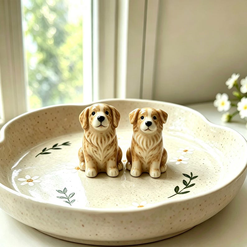 May include: Two ceramic dog figurines with tan and white fur sit on a beige, scalloped-edge dish decorated with daisies and green sprigs. The dogs have black eyes and are in a seated position. The dish has a speckled texture.