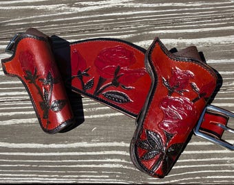 CMSA / SASS red rose wide back double holster rig.