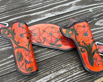 CMSA / SASS yellow desert rose wide back double holster rig.