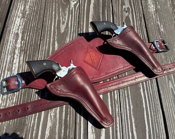 CMSA / SASS wide back double holster rig - logo and barbwire border stamped