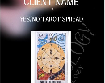 May include: A tarot card reading layout with the text "CLIENT NAME" and "YES/NO TAROT SPREAD" at the top. The image features a detailed illustration of the Wheel of Fortune tarot card, with colorful imagery and the card's title at the bottom.