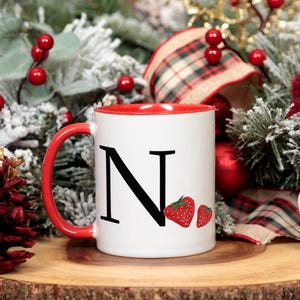 Cute Monogram Strawberry Coffee Mug - Gift for Nan, Custom Mug for Mum, Cute Gift Idea for Birthdays, Spring Decor