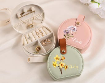 Caja de joyería personalizada para damas de honor, estuche de joyería de viaje con nombre personalizado, organizador de joyas con forma de flor de nacimiento, regalo para damas de honor