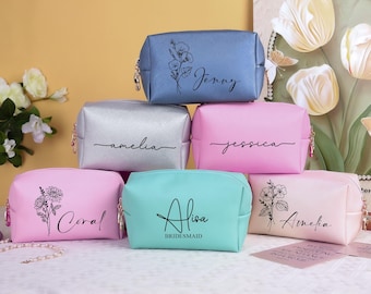 Gepersonaliseerde lederen make-uptas, naam make-uptasje, make-uptasje voor reizen, eerste maand tas bruidsmeisje, cadeaus vrijgezellenfeest, kerstcadeau