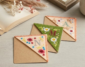 Personalized Letter Corner Bookmark, Embroidered Felt Page Marker, Seasonal Reader Gift, Cute Handmade Bookmark