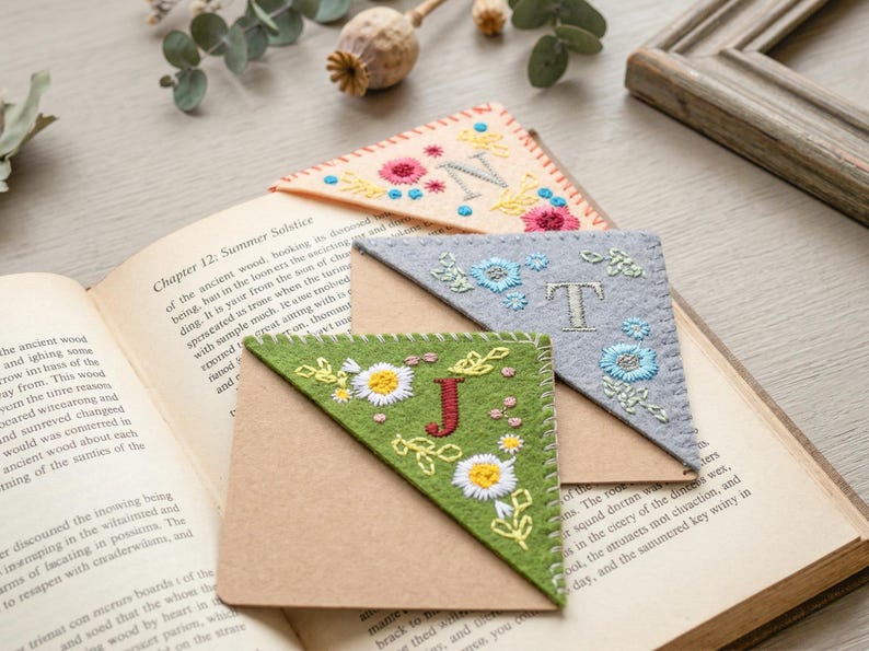 Personalized Embroidered Corner Bookmark, Initial Felt Bookmark ...