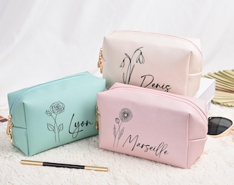 Personalisierte Make-up Tasche, Hochzeit am Strand, Bevorzugung der Geburtsblume, Kosmetiktasche, Kulturtasche, Geschenk für Sie, Sommerferien