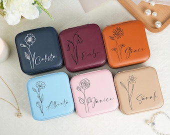 Personalized Birth Flower Jewelry Box: Vegan Leather Travel Keepsake