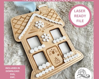 Gingerbread House Photo Frame Ornament, Laser Cut Files (SVG, DXF)