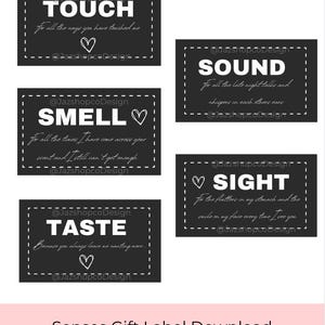 Etiquette cadeau en téléchargement numérique 5 sens, thème étiquette cadeau anniversaire/Saint-Valentin/Noël