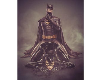 Impresión artística de homenaje al Caballero Oscuro y el Gato: Arte mural de superhéroe oscuro / Póster inspirado en cómics cinematográficos / Decoración para coleccionistas