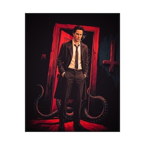 May include: A digital art print featuring a man in a dark suit and trench coat, smoking a cigarette. The background includes a red doorway, a cross, and tentacles. The overall theme is dark and mysterious.