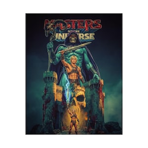 May include: A digitally painted image featuring characters from Masters of the Universe. He-Man stands on a castle, with Skeletor and a larger He-Man figure behind him. The castle has a skull design, and the text "Masters of the Universe" is at the top.