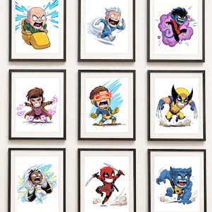 Puede incluir: Nueve impresiones artísticas enmarcadas con ilustraciones de dibujos animados de personajes de X-Men. Cada impresión muestra un personaje diferente en poses de acción, con colores vibrantes y contornos audaces. Las impresiones se exhiben en una pared blanca.