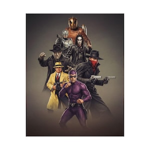 May include: A digital illustration featuring a group of costumed characters. The characters include a figure in a purple suit, a figure in a yellow coat, and a figure in a black coat with a red mask. Other characters are in various costumes.