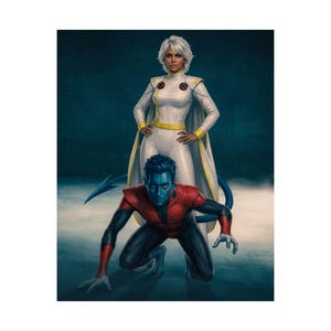 May include: A promotional image featuring two characters from the X-Men franchise. One character is wearing a white suit with yellow accents and a cape. The other character is kneeling, with blue skin, a red and black outfit, and a tail.