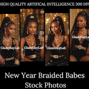 May include: Four images of women with braided hairstyles, wearing black outfits and gold jewelry. The text "GlamSlayLab" appears on each image. The text "New Year Braided Babes Stock Photos" is at the bottom.