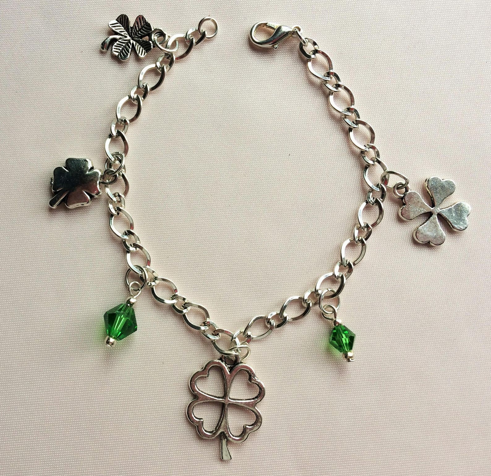 Charm Bracelet Irish Emerald Crystals 4 Leaf Clovers Etsy