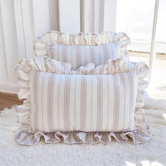 Bohemian Frill Linen Striped Pillow Cover - Different Color Options With Frill Edges - Linen Lulu