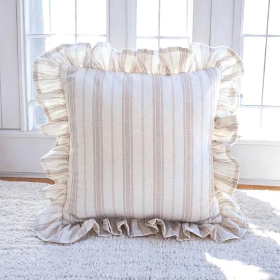 Bohemian Frill Linen Striped Pillow Cover - Different Color Options With Frill Edges - Linen Lulu