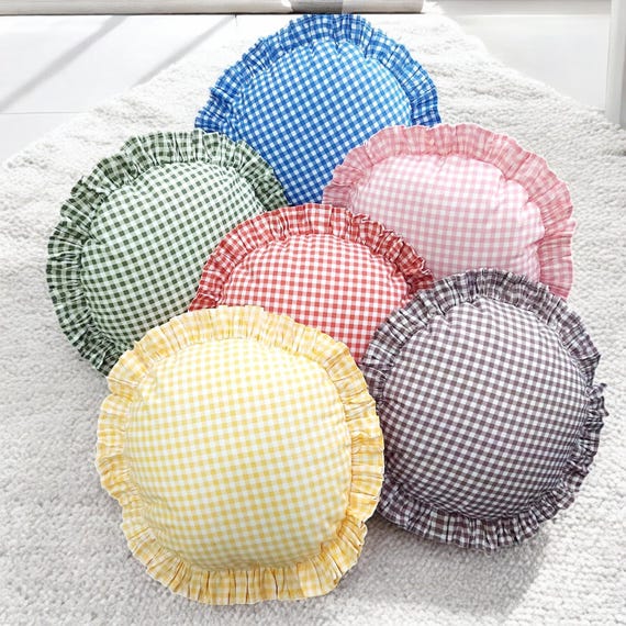 Bohemian Frill Linen Gingham Pillow Cover - Gingham Round Pillow - Circle Pillow - Color Options With Frill Edges - Gingham Pillow