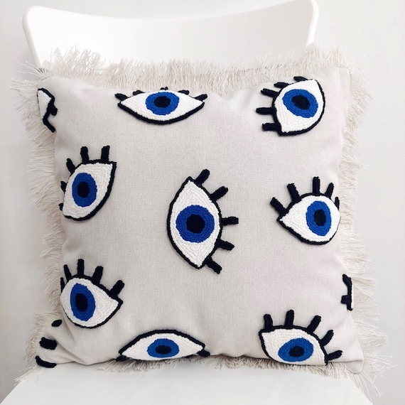 Evil Eye Punch Bohemian Linen Pillow Cover - Eye Motifs and Fringed Edges - Handmade Nazar Punch Pillow - Décor with Color Options